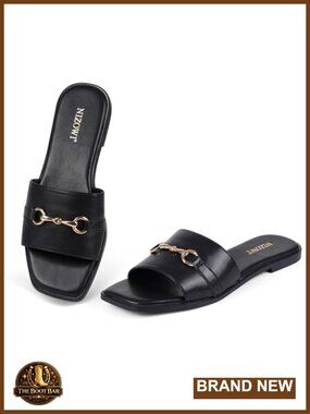 Faux Leather Flat Slide Sandals with Metal Chain and Memory Foam